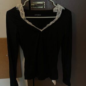 Black Longsleeve White Lace Trim Top